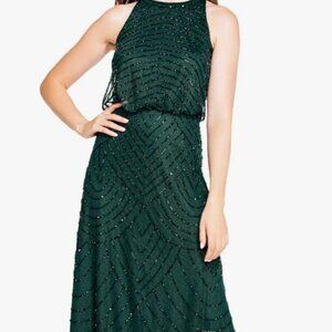 Adrianna Papell Halter Art Deco Beaded Blouson Dress--Emerald Green, Size 4